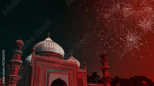 mosque fireworks night eid celebration with fireworks over mosque architecture and red mosque against night sky during serene eid festive nighttime scene