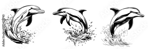 Dolphins leap joyfully above ocean waves in a lively display of agility and grace