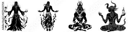 Illustrative depiction of four mystical figures embodying various elements and powers in a creative art style