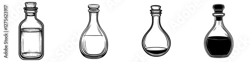 Variety of glass bottles displaying different liquids and shapes in a minimalist style