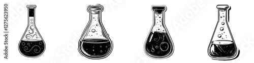 Different types of laboratory flasks displayed with various liquids in a science setting