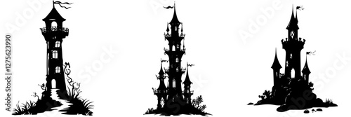 Silhouettes of fantasy towers surrounded by foliage during twilight exploring fairy tale architecture and landscapes