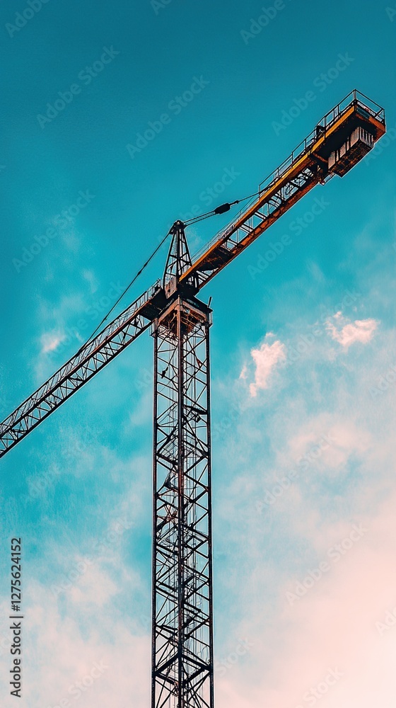 Construction crane lifting materials at a building site under a clear blue sky Construction crane lifting materials at a building site under a clear blue sky