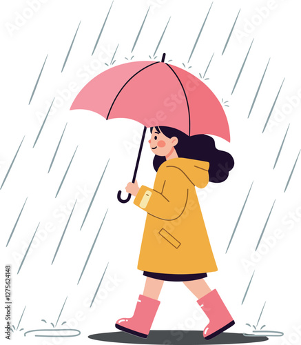 A cheerful girl in a yellow raincoat holding a pink umbrella while walking in the rain, flat vector illustration