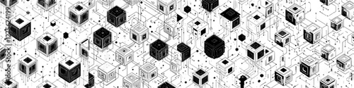 Visualizing interconnected cubes in abstract monochrome design representing technology and complexity