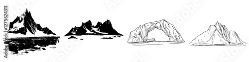Illustrations of majestic icebergs and mountain peaks in a serene arctic landscape