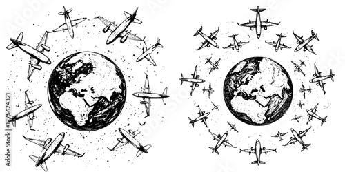 Aircraft encircle the globe in a dynamic representation of global air travel
