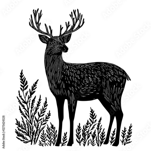 Beautiful silhouette of a deer standing among plants in a natural setting during twilight