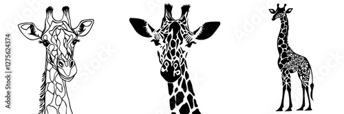 Unique artistic representations of giraffes showcasing various styles and patterns in a minimalist design