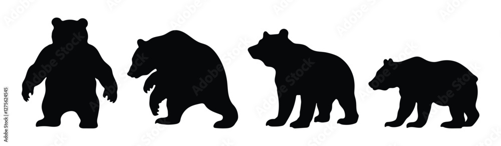 Fototapeta premium Bear on white background. Collection of bear silhouettes in various forms. Side view and full body for design. Vector illustration.