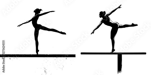 Ballet dancers performing graceful poses on balance beams during a rehearsal at a dance studio