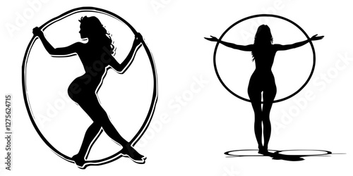 Silhouettes of women performing dynamic movements with hoops in an artistic dance expression