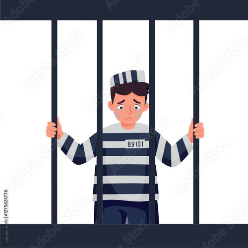 A young man in a striped prison uniform looking sad while standing behind bars in a minimal and colorful vector illustration