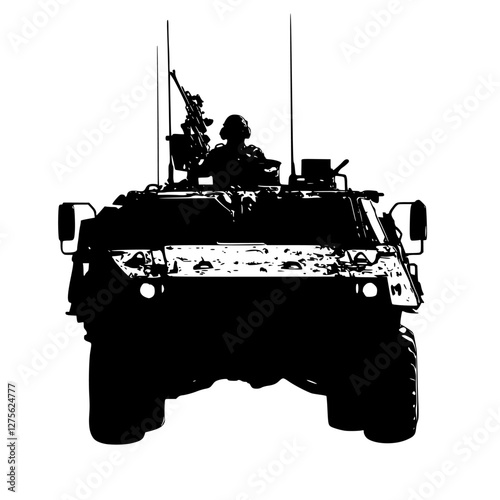 Military vehicle patrols urban area with crew ready for action during daytime operations
