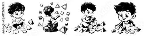 Creative young boy explores shapes and colors while playing with building blocks in a bright indoor environment