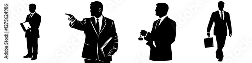 Business professionals in various poses showcasing teamwork, leadership, and legal expertise in a creative design
