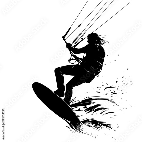Kitesurfer catching a wave during sunset on a tropical beach