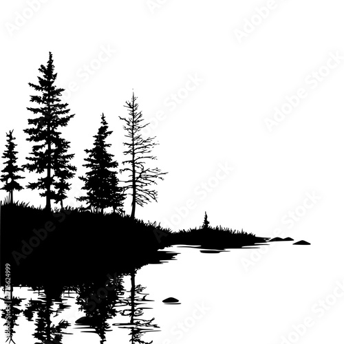 Tranquil lakeside forest with silhouette trees reflecting on still water at sunset