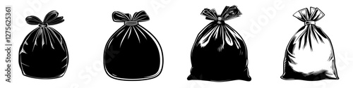 Collection of black trash bags in various shapes and sizes for waste disposal
