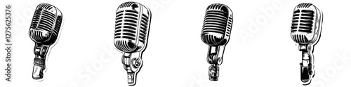 Vintage microphones showcased in a creative display highlighting their design and history in a quaint music studio setting