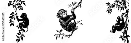 Three playful monkeys climbing trees in a jungle setting during daytime