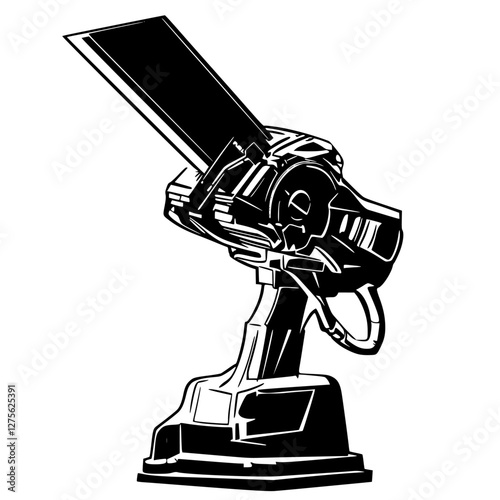 Metal sculpture of a mechanical arm holding a large blade in an art installation showcasing innovation and creativity