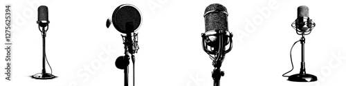 Vintage microphones set against a blank background showcasing their unique designs and styles in a creative display