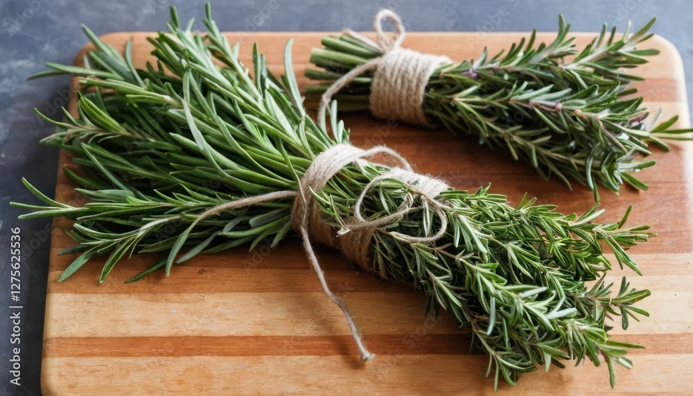 Fresh Rosemary and Thyme Bundle on a Cutting Board Fresh Rosemary and Thyme Bundle on a Cutting Board