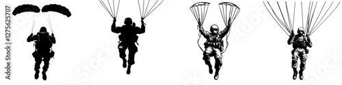 Military parachutists demonstrating tandem jumps in clear skies during a training exercise
