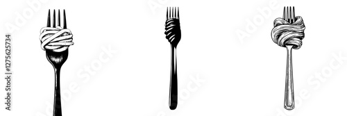 Unique artistic interpretation of intertwined forks and noodles set against a simple background