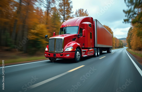 Red semi truck speeds down forest highway with motion blur effect. Fast transport, efficient logistic, delivery. Commercial vehicle, freight, and cargo service on road in autumn.
