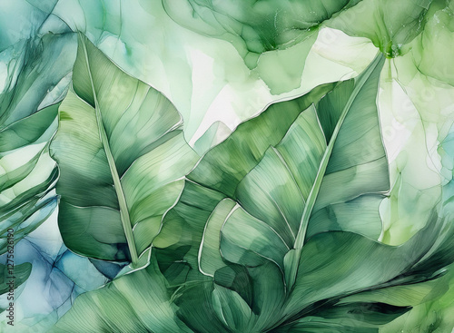 Lush green leaves dominate the image, with a softly blurred background creating a peaceful and natural atmosphere in this artwork.