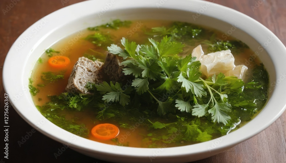 Steaming Bowl of Herbal Soup with Fresh Garnishes Steaming Bowl of Herbal Soup with Fresh Garnishes