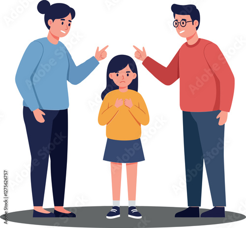 Parents expressing concern while scolding their child in a flat, minimal design vector art