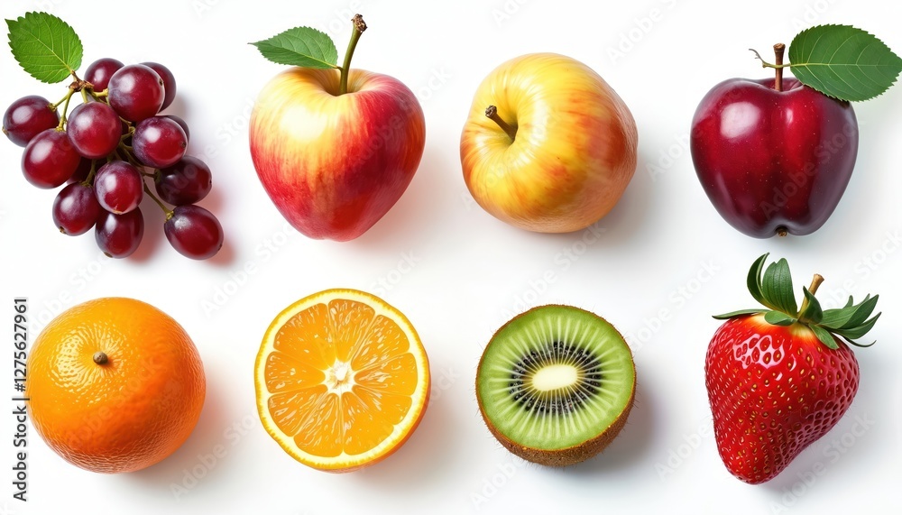 Isolated fresh fruits grapes, apples, orange, kiwi, strawberry. Healthy natural vibrant colorful nourishment ingredients. Diet food with vitamins, vegan culinary cooking concept. Isolated fresh fruits grapes, apples, orange, kiwi, strawberry. Healthy natural vibrant colorful nourishment ingredients. Diet food with vitamins, vegan culinary cooking concept.
