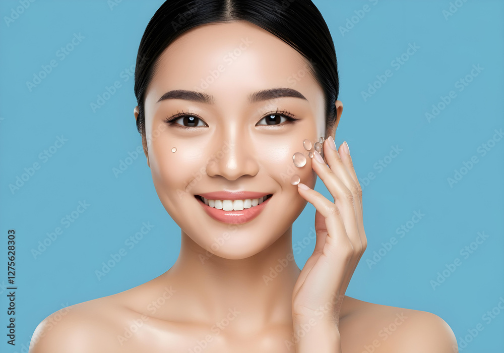 Smiling asian woman with glowing, hydrated skin on blue background