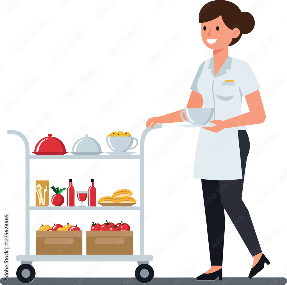 A cheerful waitress serving food on a cart in a minimal flat design vector illustration showcasing vibrant colors and delightful dining atmosphere A cheerful waitress serving food on a cart in a minimal flat design vector illustration showcasing vibrant colors and delightful dining atmosphere
