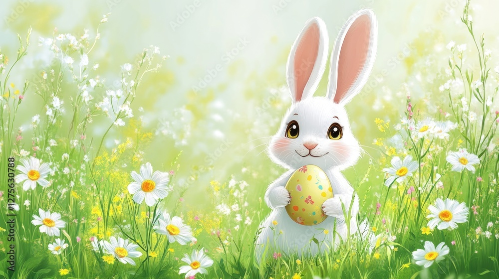 Fototapeta premium Adorable bunny holding easter egg in a flower field. Easter, Pascha, Paskha, Ostern, Pascua, Paques - Orthodox and Catholic Holiday celebration