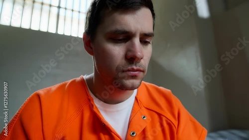 Reflective moment of incarcerated individual in orange jumpsuit inside prison cell