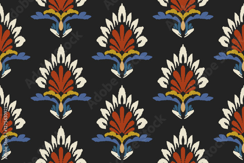 Embroidered Ikat flower pattern on a black background. Traditional ethnic ikat, Aztec abstract vector pattern, seamless pattern in tribal, folk embroidery and Mexican style.