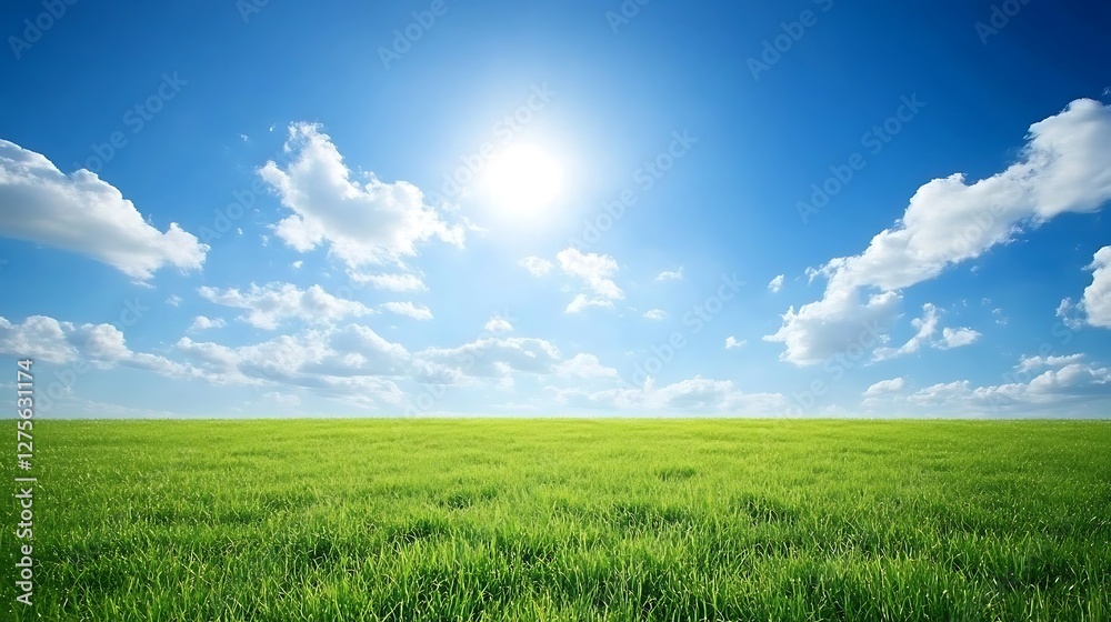 Sunny Day Over Lush Green Grassland Field Sunny Day Over Lush Green Grassland Field