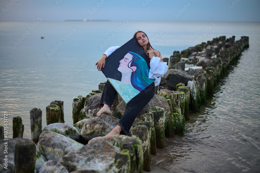 Young female artist peacefully holds her painting while sitting on coastal rocks. Tranquil seascape creates serene and contemplative atmosphere, highlighting her connection to her art Young female artist peacefully holds her painting while sitting on coastal rocks. Tranquil seascape creates serene and contemplative atmosphere, highlighting her connection to her art