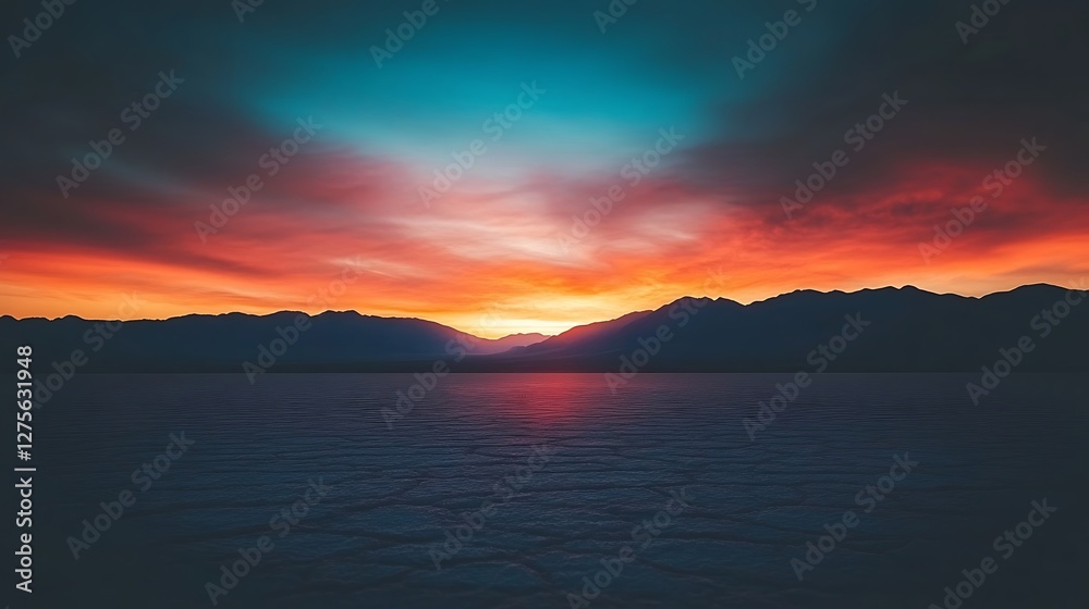 Fototapeta premium Vibrant Sunset Over Silhouetted Mountain Range and Salt Flat