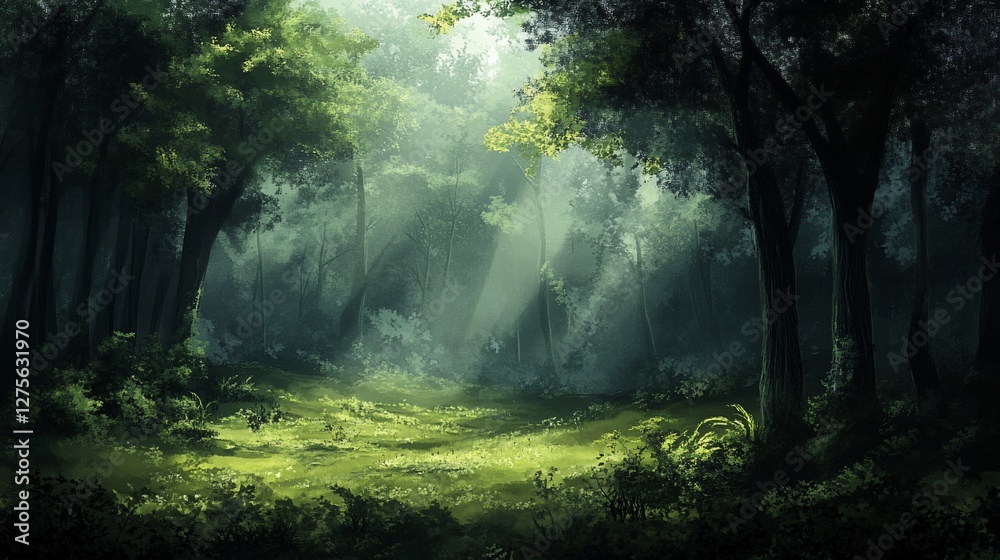 Sunbeams illuminate a lush, green forest path. Sunbeams illuminate a lush, green forest path.