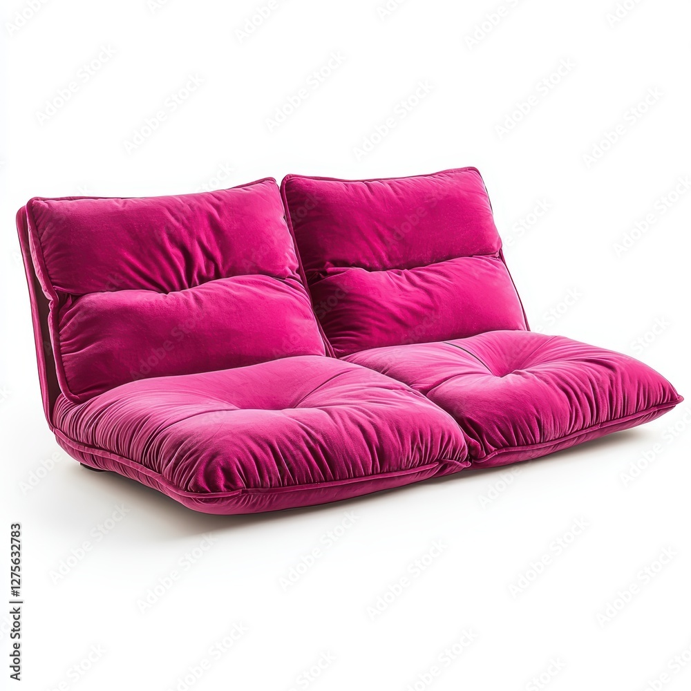 Hot pink velvet futon sofa bed with minimalist aesthetics isolated on white