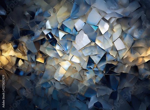 Abstract background featuring fractured, icy blue and gold shards. Light illuminates the mosaic-like texture, creating a dynamic, shimmering effect.