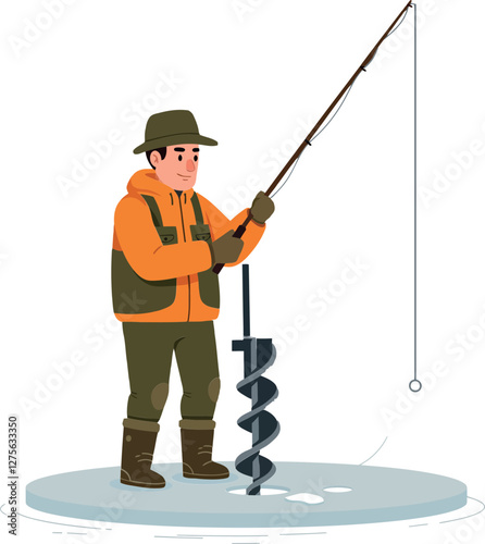 A young man in warm attire ice fishing on a frozen lake using a hand auger in a flat vector illustration