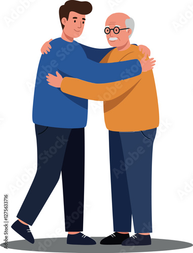 Two men embracing in a warm, heartfelt moment, featuring a flat design style with vibrant colors, conveying joy and connection in vector art