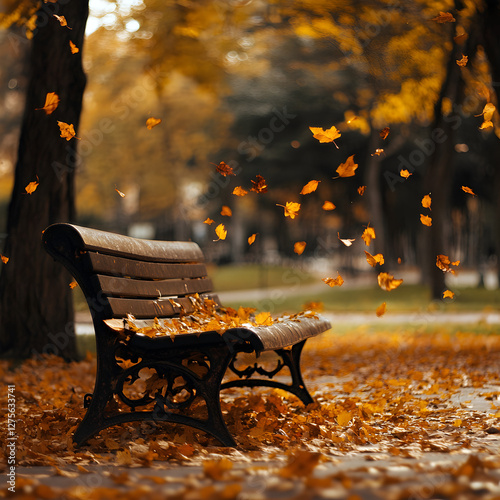 Autumn Bench: A tranquil park scene with a bench covered in golden autumn leaves, gently swept by the breeze, capturing the serene beauty of the fall season.
