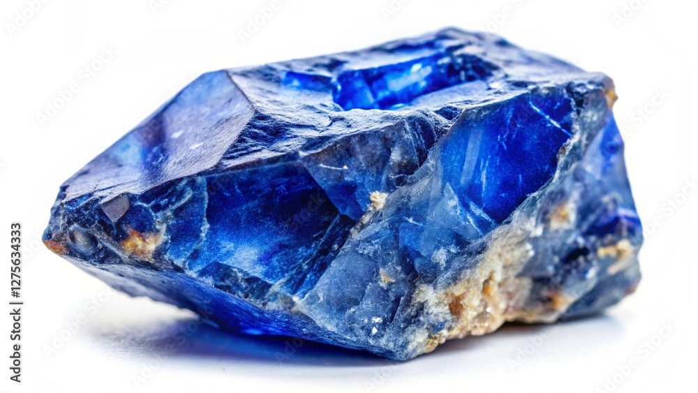 Fototapeta premium Amazing closeup macro of natural raw blue Sapphire mineral gemstone isolated on white background. High quality photo of Natural Blue Crystal rough stone for ...